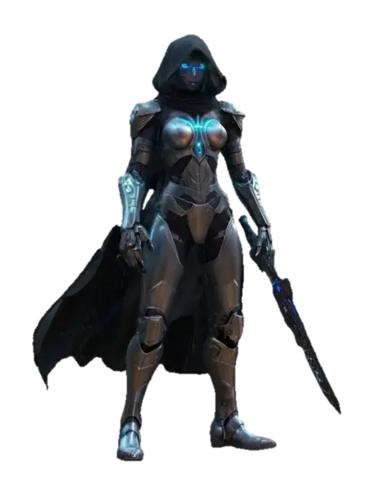 3D model for fantasy shadow female hunter cyborg's, cloaked in a cloak flapping in the wind, epic stance, cyborgs hunting weapon in hand, extremely details, high resolution texture