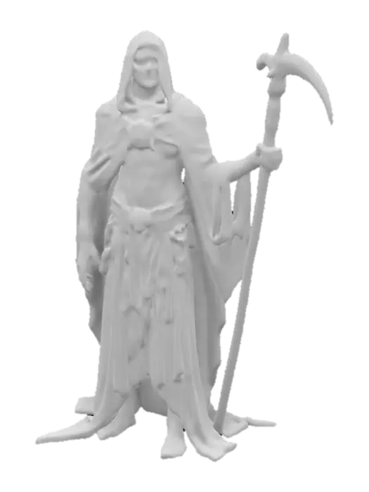 3D model for fantasy human necromancer from ancient times, emaciated tall body in elegant clothing dotted with luminous symbols, gloomy expression on face, fluttering cloak, with battle scythe weapon, extremely detailed, high resolution texture