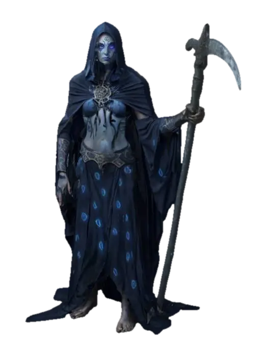 3D model for fantasy human necromancer from ancient times, emaciated tall body in elegant clothing dotted with luminous symbols, gloomy expression on face, fluttering cloak, with battle scythe weapon, extremely detailed, high resolution texture
