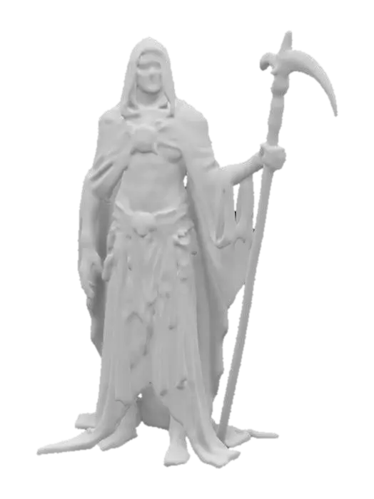 3D model for fantasy human necromancer from ancient times, emaciated tall body in elegant clothing dotted with luminous symbols, gloomy expression on face, fluttering cloak, with battle scythe weapon, extremely detailed, high resolution texture