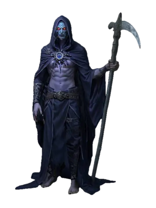 3D model for fantasy human necromancer from ancient times, emaciated tall body in elegant clothing dotted with luminous symbols, gloomy expression on face, fluttering cloak, with battle scythe weapon, extremely detailed, high resolution texture