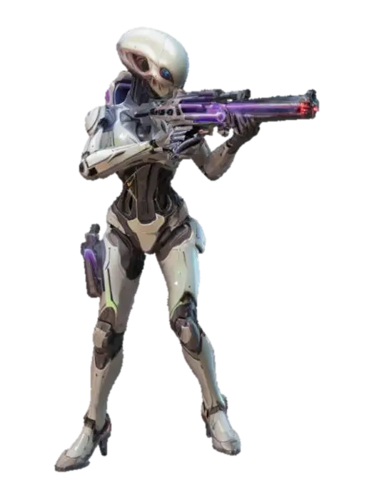 sci-fi humanoid alien space hunter on the attack, slim long body, epic stance holding… - Color 3D model, vytvořený pomocí AI