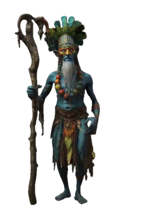 fantasy very old shaman with mask on head, very thin crooked body leaning on staff,… 3D model, vytvořený pomocí AI