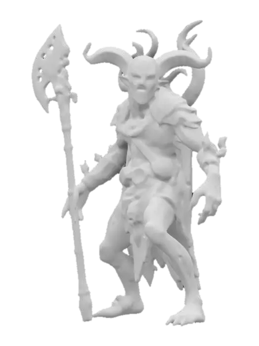 3D model for fantasy monster of mage, half human half lich, grim expression on face, twisted old body, dark magic, cybernetic weapons or laser staff in hand, old torn clothes with bold colors, extremely detailed, high resolution texture, epic stance, #ChronoForgeWeapon#
