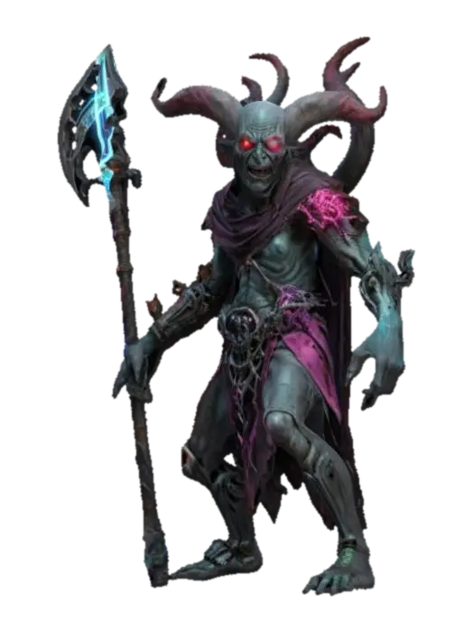 3D model for fantasy monster of mage, half human half lich, grim expression on face, twisted old body, dark magic, cybernetic weapons or laser staff in hand, old torn clothes with bold colors, extremely detailed, high resolution texture, epic stance, #ChronoForgeWeapon#