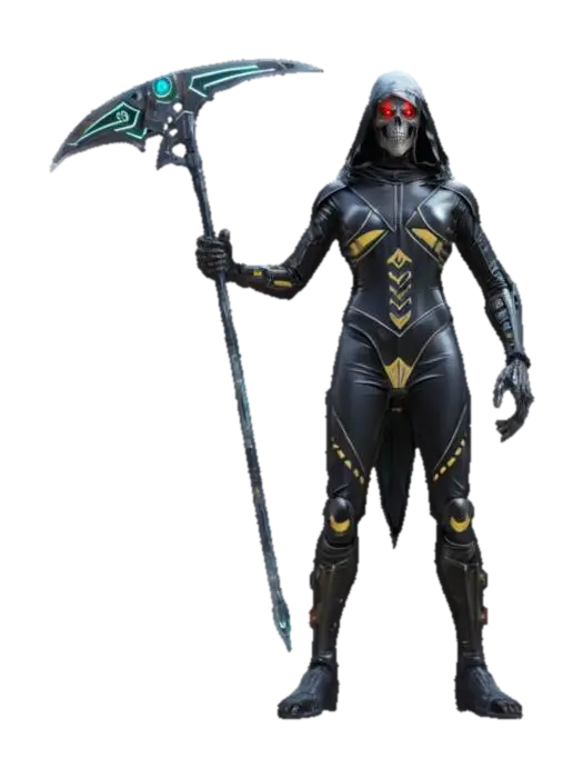 sci-fi fantasy cyber grim reaper, slim body covered in plastic tunic, laser… - Scythe 3D model, vytvořený pomocí AI