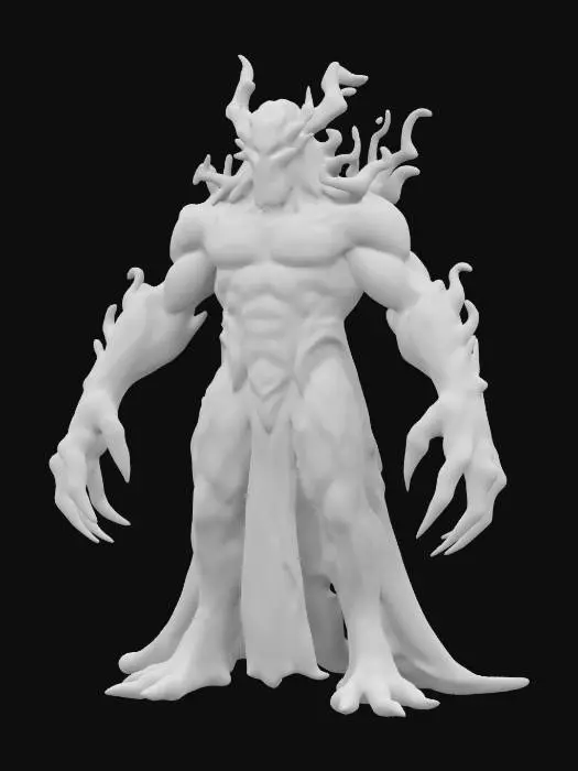 3D model for huge divine being made of pure darkness in which distant stars and pulsating nebulae twinkle, has no fixed form - the body is constantly changing - the particles of his body dissolve into nothingness and recombine, the face is just a hint, flashes of eyes resembling bright supernovas appear, the arms are long and powerful, ending with fingers that stretch into tentacle-like shapes, the body has red runic cracks, in attack, extremely details, high resolution texture, epic stance