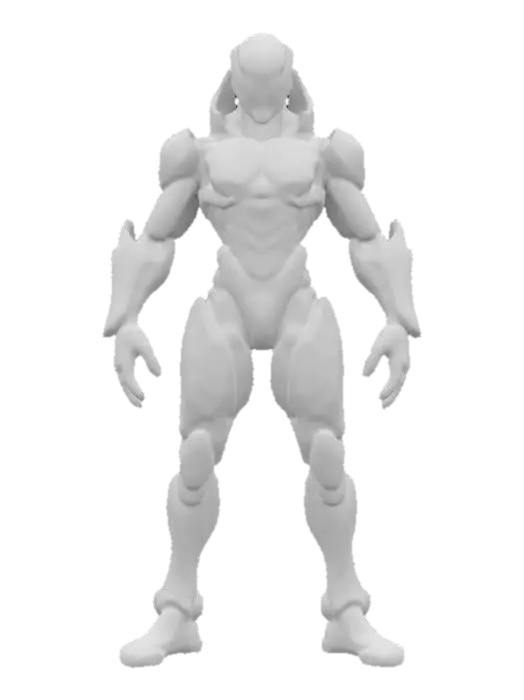 3D model for sci-fi cyber alien conqueror, massive body of technological supports, graceful body curves, special elengant platic-metal spacesuit on body, glowing symbols all over body, menacing head with a menacing look, extremely details, high resolution texture, epic stance