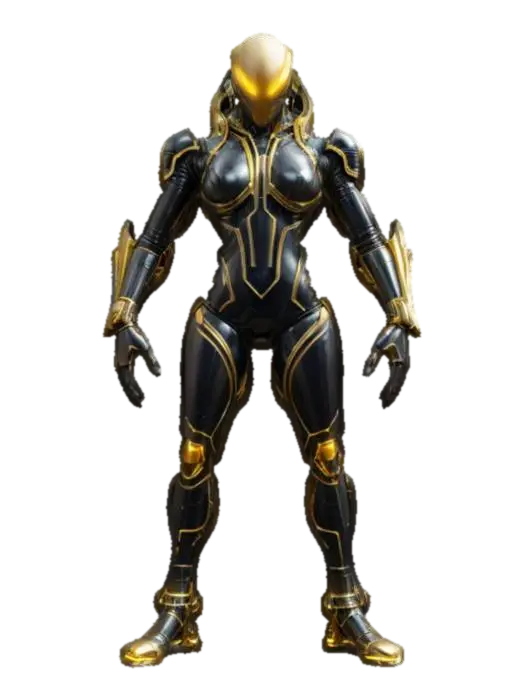 3D model for sci-fi cyber alien conqueror, massive body of technological supports, graceful body curves, special elengant platic-metal spacesuit on body, glowing symbols all over body, menacing head with a menacing look, extremely details, high resolution texture, epic stance