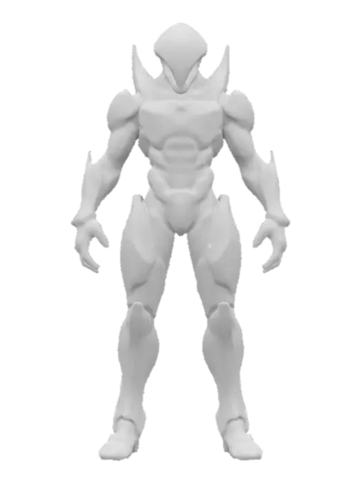 3D model for sci-fi cyber alien conqueror, massive body of technological supports, graceful body curves, special elengant platic-metal spacesuit on body, glowing symbols all over body, menacing head with a menacing look, extremely details, high resolution texture, epic stance