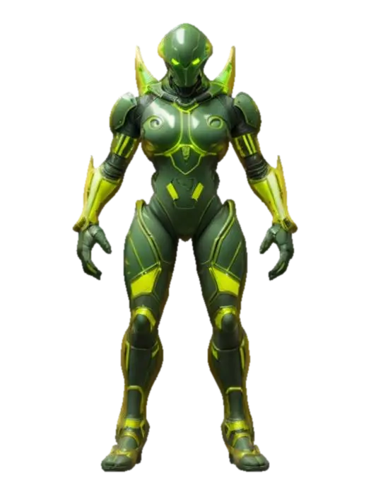 3D model for sci-fi cyber alien conqueror, massive body of technological supports, graceful body curves, special elengant platic-metal spacesuit on body, glowing symbols all over body, menacing head with a menacing look, extremely details, high resolution texture, epic stance