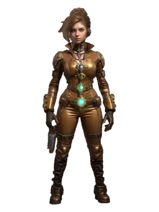 Modello 3D fantasy steampunk female technologist, arms around body or on hips or resting…, generato dall’IA