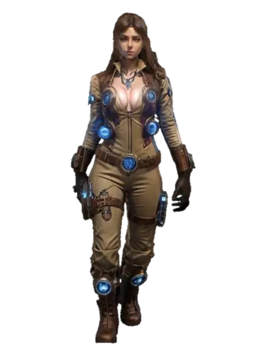 Modello 3D fantasy steampunk female technologist, arms around body or on hips or resting…, generato dall’IA