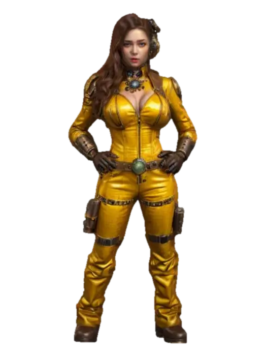 fantasy steampunk female technologist, arms around body or on hips or resting on… - Devices 3D model, vytvořený pomocí AI