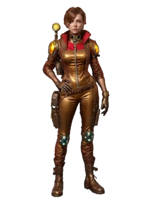 fantasy steampunk female technologist, arms around body or on hips or resting on… - Devices 3D model, vytvořený pomocí AI