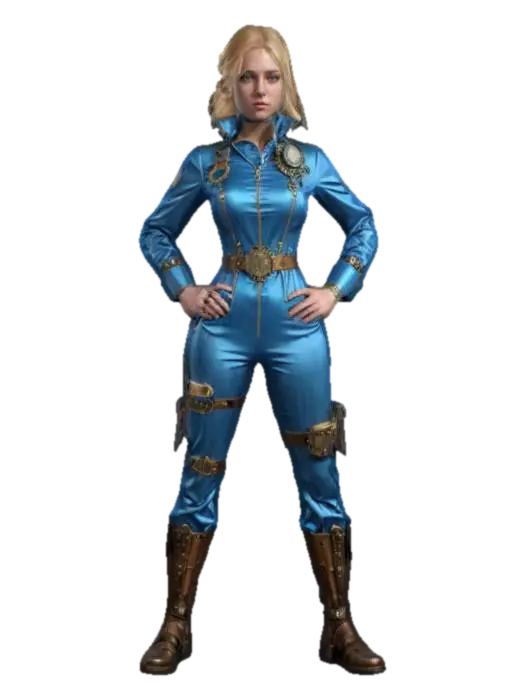 fantasy steampunk female technologist, arms around body or on hips or resting on… - Devices 3D model, vytvořený pomocí AI