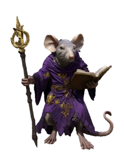 fantasy humanoid old rat mage, hubené tělo, torn robe fluttering in the wind, holding a… 3D model, vytvořený pomocí AI