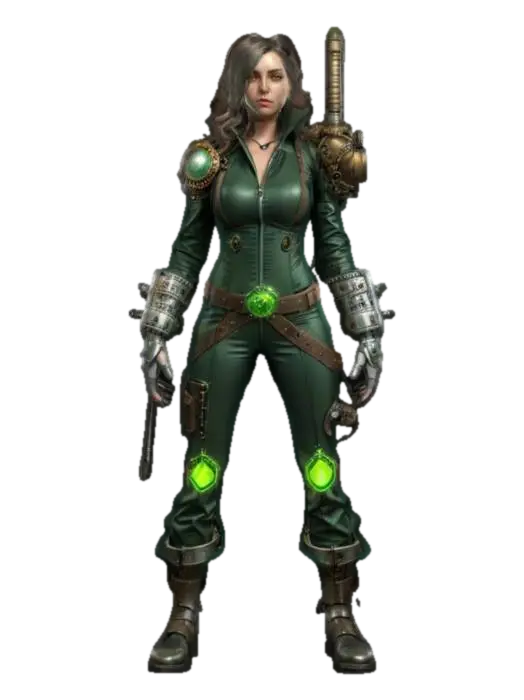 fantasy steampunk female technologist, arms around body or on hips or resting on… - Devices 3D model, vytvořený pomocí AI