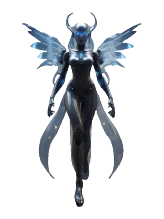 3D model for sci-fi technology banshee, graceful body in transparent cloak, cyber accessories of living body, energy shield around, dead expression on face, floating in air, lighting effects, extremely details, high resolution texture, epic stance