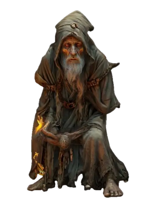 fantasy decrepit hermit wizard, connected to nature, decrepit emaciated and hunched body,… 3D model, AI generated
