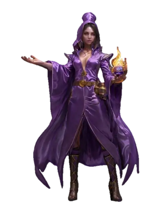 fantasy female alchemist, dressed in alchemist robes, young elegant body, clothes… - Elixir 3D model, vytvořený pomocí AI