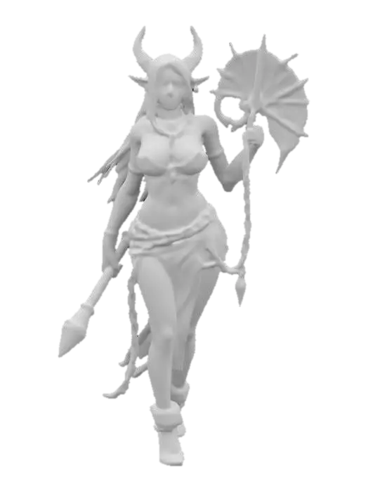 3D model for fantasy female humanoid creature, graceful and strong body curves, dressed in forged chains, holding a metal fan as a weapon, extremely detailed, high resolution texture, epic stance
