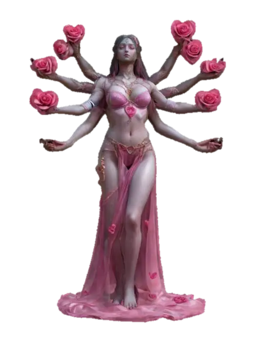 fantasy female six-armed goddess, in each hand holding a heart of a different color… 3D model, vytvořený pomocí AI