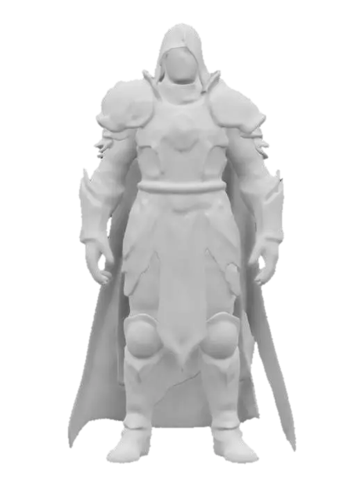 3D model for fantasy dark guardian of the temple, dark cloaked but noble appearance, large symbols on the cloak, massive body, simple armor under a noble cloak fluttering in the wind, proudly standing still, weapons ready for defense, extremely detailed, high resolution texture, epic stance