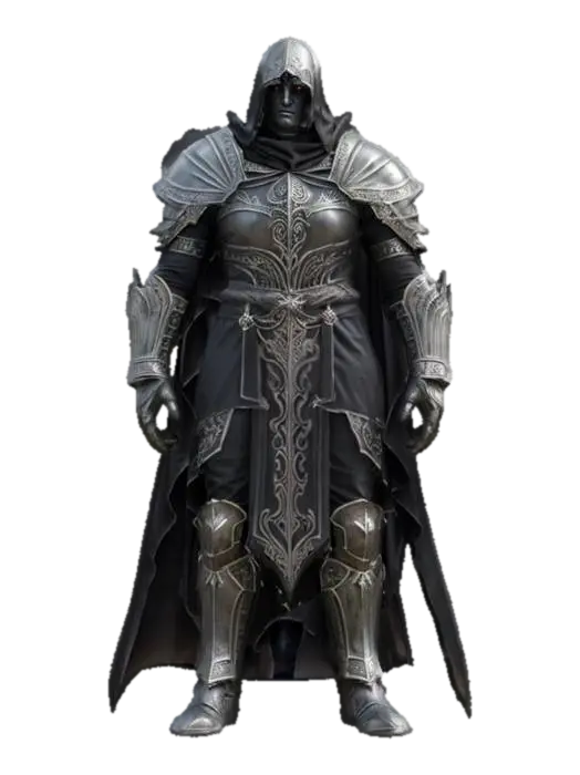 3D model for fantasy dark guardian of the temple, dark cloaked but noble appearance, large symbols on the cloak, massive body, simple armor under a noble cloak fluttering in the wind, proudly standing still, weapons ready for defense, extremely detailed, high resolution texture, epic stance