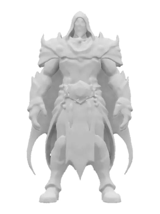 3D model for fantasy dark guardian of the temple, dark cloaked but noble appearance, large symbols on the cloak, massive body, simple armor under a noble cloak fluttering in the wind, proudly standing still, weapons ready for defense, extremely detailed, high resolution texture, epic stance