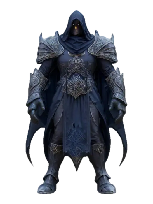 3D model for fantasy dark guardian of the temple, dark cloaked but noble appearance, large symbols on the cloak, massive body, simple armor under a noble cloak fluttering in the wind, proudly standing still, weapons ready for defense, extremely detailed, high resolution texture, epic stance