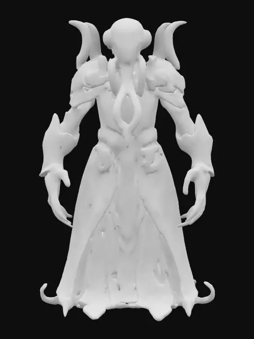 3D model for sci-fi cyber robotic humanoid octopus, massive metal forming the body, elegant robe over the body, limbs with large cyber claws reaching forward, shining eyes, body covered in glowing electronics, extremely details, high resolution texture, epic stance