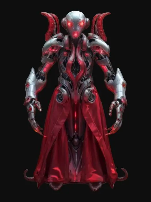 3D model for sci-fi cyber robotic humanoid octopus, massive metal forming the body, elegant robe over the body, limbs with large cyber claws reaching forward, shining eyes, body covered in glowing electronics, extremely details, high resolution texture, epic stance