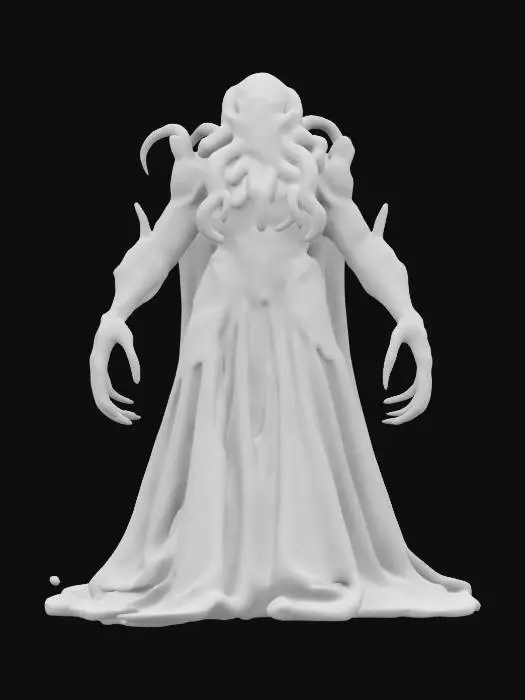 3D model for sci-fi cyber robotic humanoid octopus, massive metal forming the body, elegant robe over the body, limbs with large cyber claws reaching forward, shining eyes, body covered in glowing electronics, extremely details, high resolution texture, epic stance