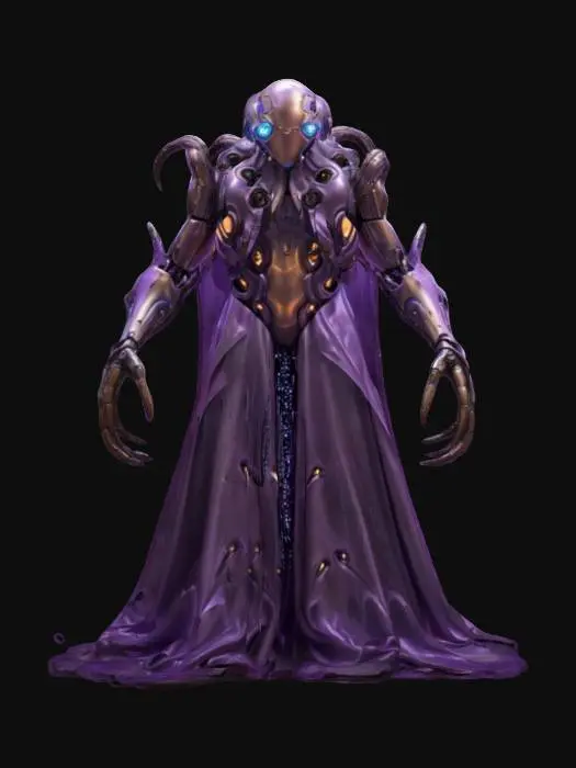 3D model for sci-fi cyber robotic humanoid octopus, massive metal forming the body, elegant robe over the body, limbs with large cyber claws reaching forward, shining eyes, body covered in glowing electronics, extremely details, high resolution texture, epic stance