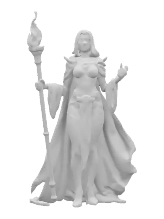 3D model for fantasy dark female dungeon priestess, elegant and graceful body, draped in an elegant solid cloak, holding a torch or bowl of burning oil in her hand, long groomed hair, face is delicate and mysterious, extremely details, high resolution texture, epic stance