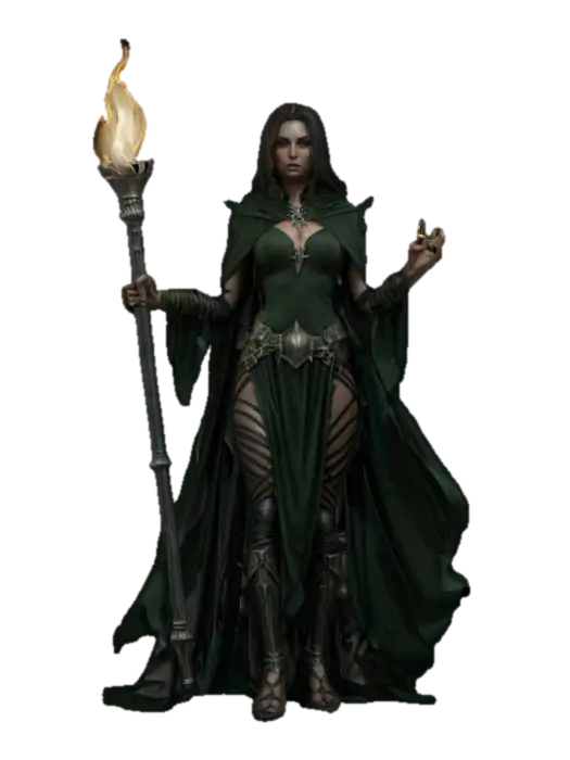 3D model for fantasy dark female dungeon priestess, elegant and graceful body, draped in an elegant solid cloak, holding a torch or bowl of burning oil in her hand, long groomed hair, face is delicate and mysterious, extremely details, high resolution texture, epic stance