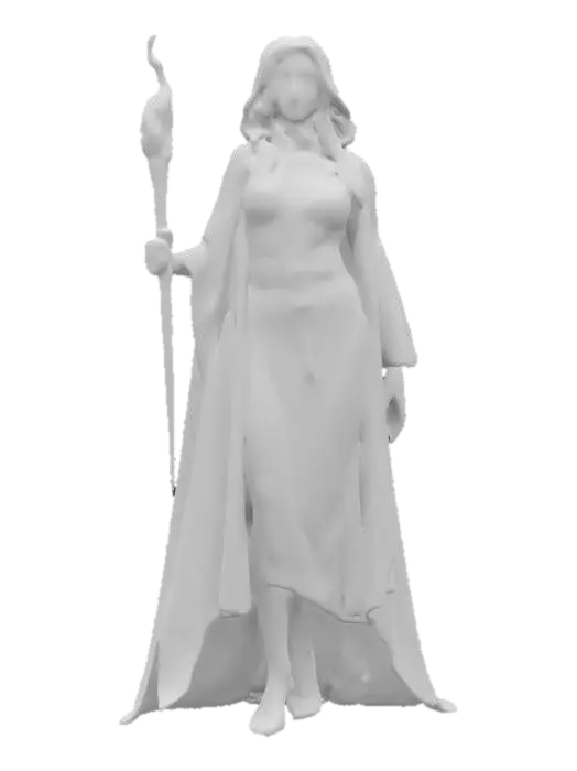 3D model for fantasy dark female dungeon priestess, elegant and graceful body, draped in an elegant solid cloak, holding a torch or bowl of burning oil in her hand, long groomed hair, face is delicate and mysterious, extremely details, high resolution texture, epic stance