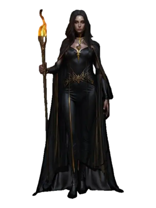 3D model for fantasy dark female dungeon priestess, elegant and graceful body, draped in an elegant solid cloak, holding a torch or bowl of burning oil in her hand, long groomed hair, face is delicate and mysterious, extremely details, high resolution texture, epic stance