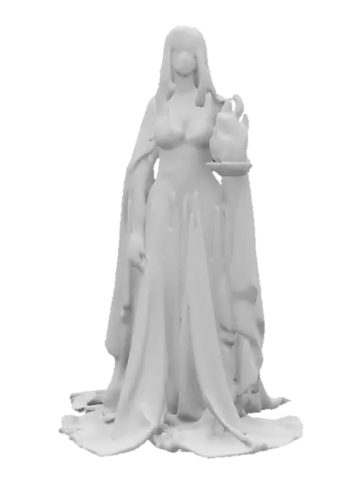 3D model for fantasy dark female dungeon priestess, elegant and graceful body, draped in an elegant solid cloak, holding a torch or bowl of burning oil in her hand, long groomed hair, face is delicate and mysterious, extremely details, high resolution texture, epic stance