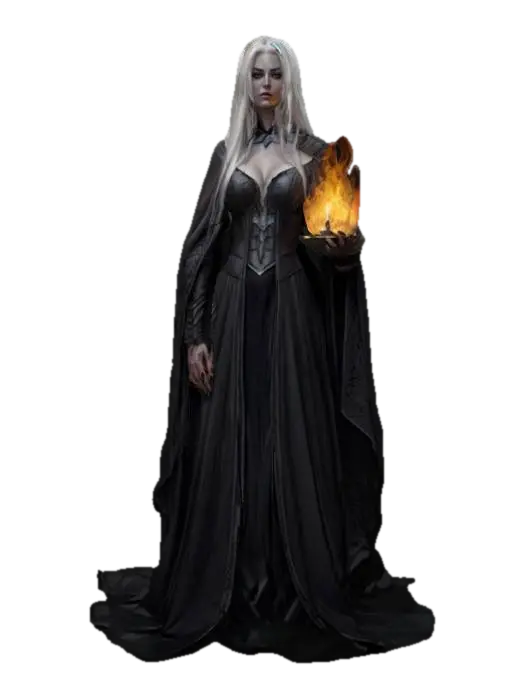 3D model for fantasy dark female dungeon priestess, elegant and graceful body, draped in an elegant solid cloak, holding a torch or bowl of burning oil in her hand, long groomed hair, face is delicate and mysterious, extremely details, high resolution texture, epic stance