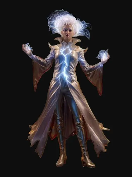 3D model for fantasy magician of electrical energy, powerful body dressed in elegant clothes, dress complemented with metal elements, entire body covered in electric glowing lightning, hands raised as he calls lightnings from his body, face has an indifferent look, energy shines brightly from his body, hair flying from electric discharges, extremely detailed, high resolution texture, epic stance
