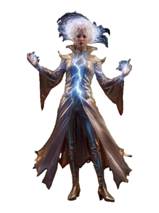 3D model for fantasy magician of electrical energy, powerful body dressed in elegant clothes, dress complemented with metal elements, entire body covered in electric glowing lightning, hands raised as he calls lightnings from his body, face has an indifferent look, energy shines brightly from his body, hair flying from electric discharges, extremely detailed, high resolution texture, epic stance