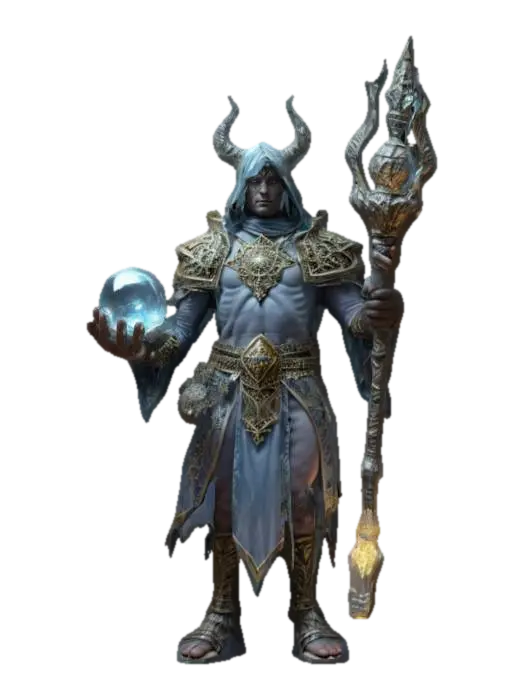 fantasy stone mage, strong stony body, body covered by ornate tunic and armor, gloomy… 3D model, vytvořený pomocí AI