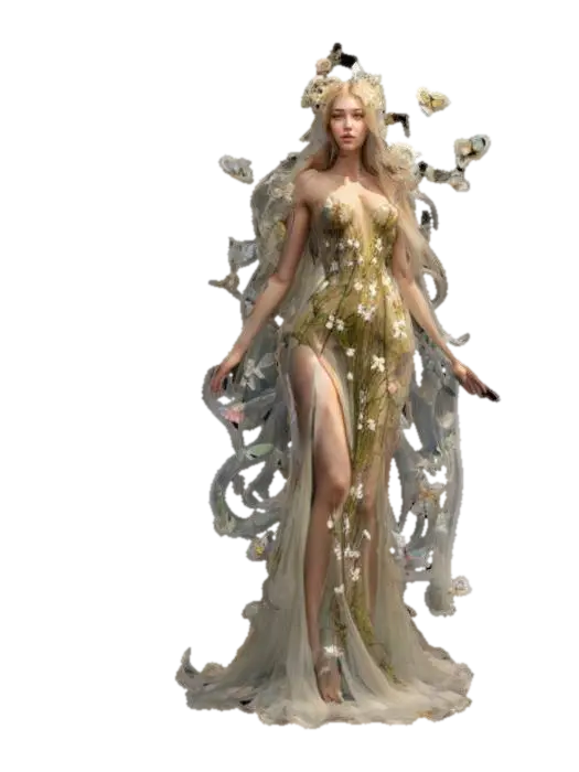 fantasy forest goddess of flowers, tall graceful body with graceful curves,… - Butterflies 3D model, vytvořený pomocí AI