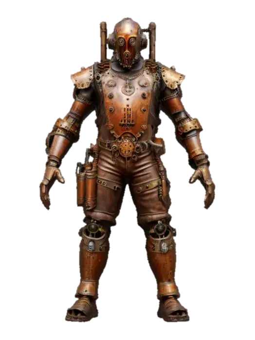 archetypal mechanical steampunk worker, body powered by steam, mechanical engine on… 3D model, vytvořený pomocí AI