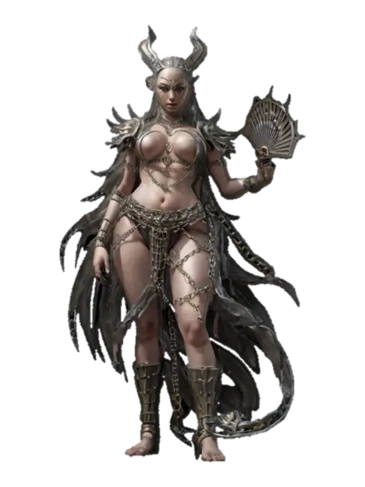 fantasy female humanoid creature, graceful and strong body curves, dressed in forged… - Chains 3D model, vytvořený pomocí AI