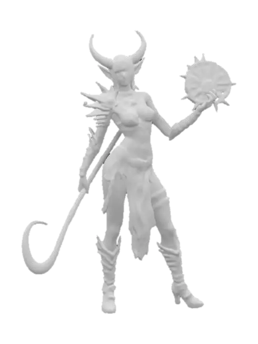 3D model for fantasy female humanoid creature, graceful and strong body curves, dressed in forged chains, holding a metal fan as a weapon, extremely detailed, high resolution texture, epic stance