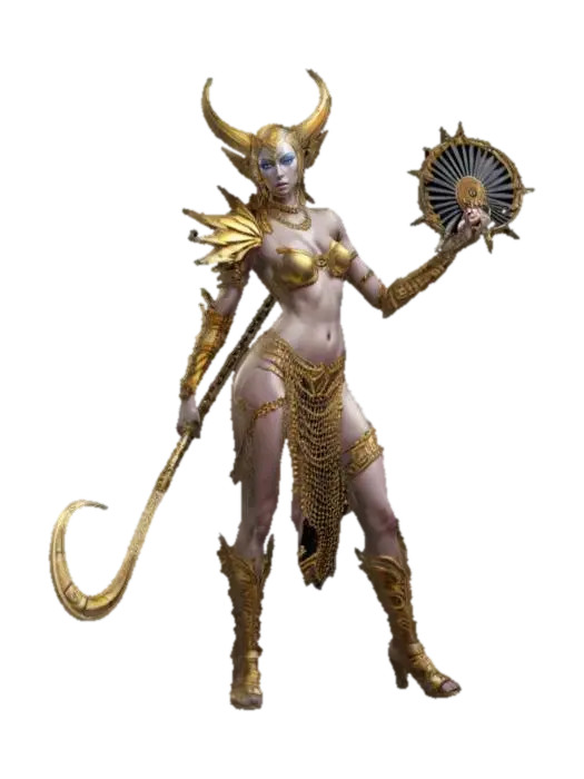 3D model for fantasy female humanoid creature, graceful and strong body curves, dressed in forged chains, holding a metal fan as a weapon, extremely detailed, high resolution texture, epic stance