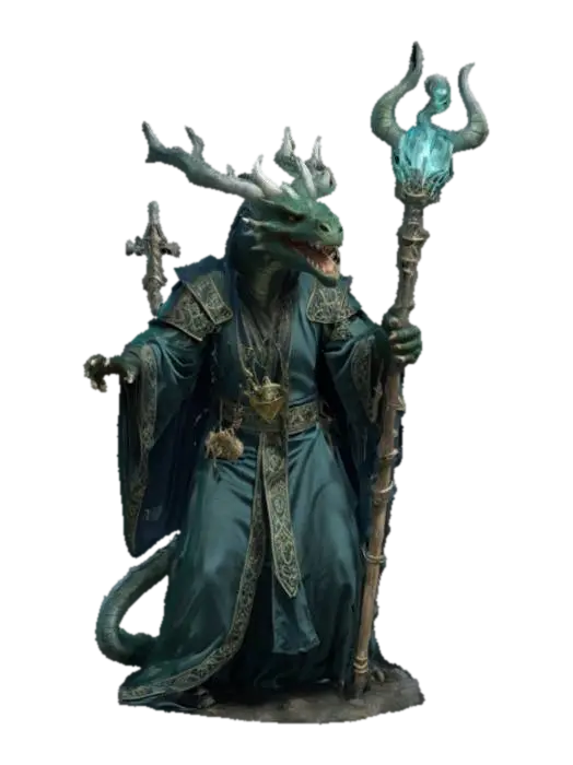 fantasy old dragon mage in high detail, massive upright body, old magic staff in… - Robust 3D model, vytvořený pomocí AI